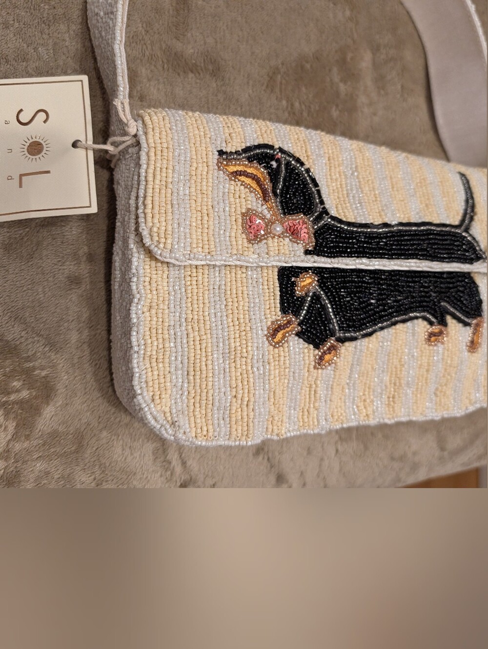 Sol & Co. Beaded Dachshund Clutch Bag in Cream and Black